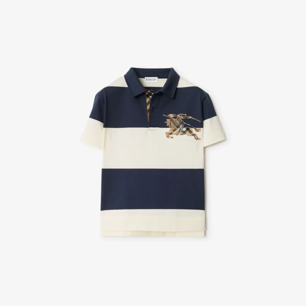 Burberry Knight Check Striped Cotton Polo Shirt in Navy/optic white