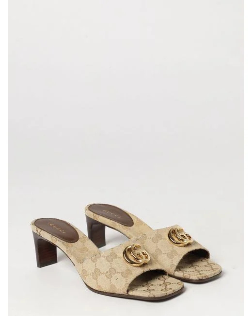Gucci Women's Natural Gg Jacquard Fabric Mules With Mid-Heel And Square Toe